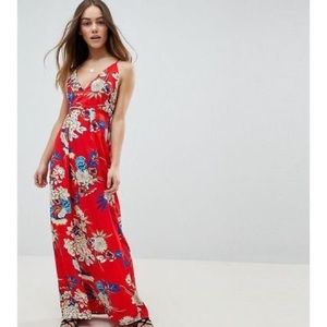 Red floral halter maxi dress with split side